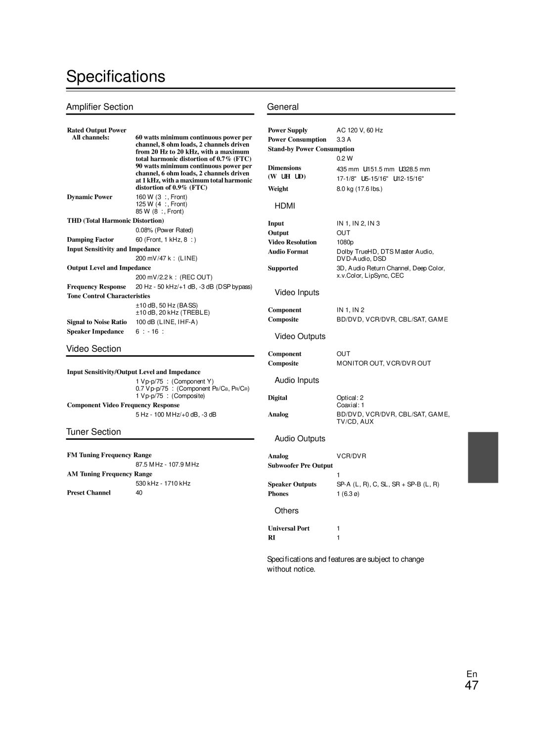 Onkyo 29400468 instruction manual Specifications, Amplifier Section, Video Section, Tuner Section, General 