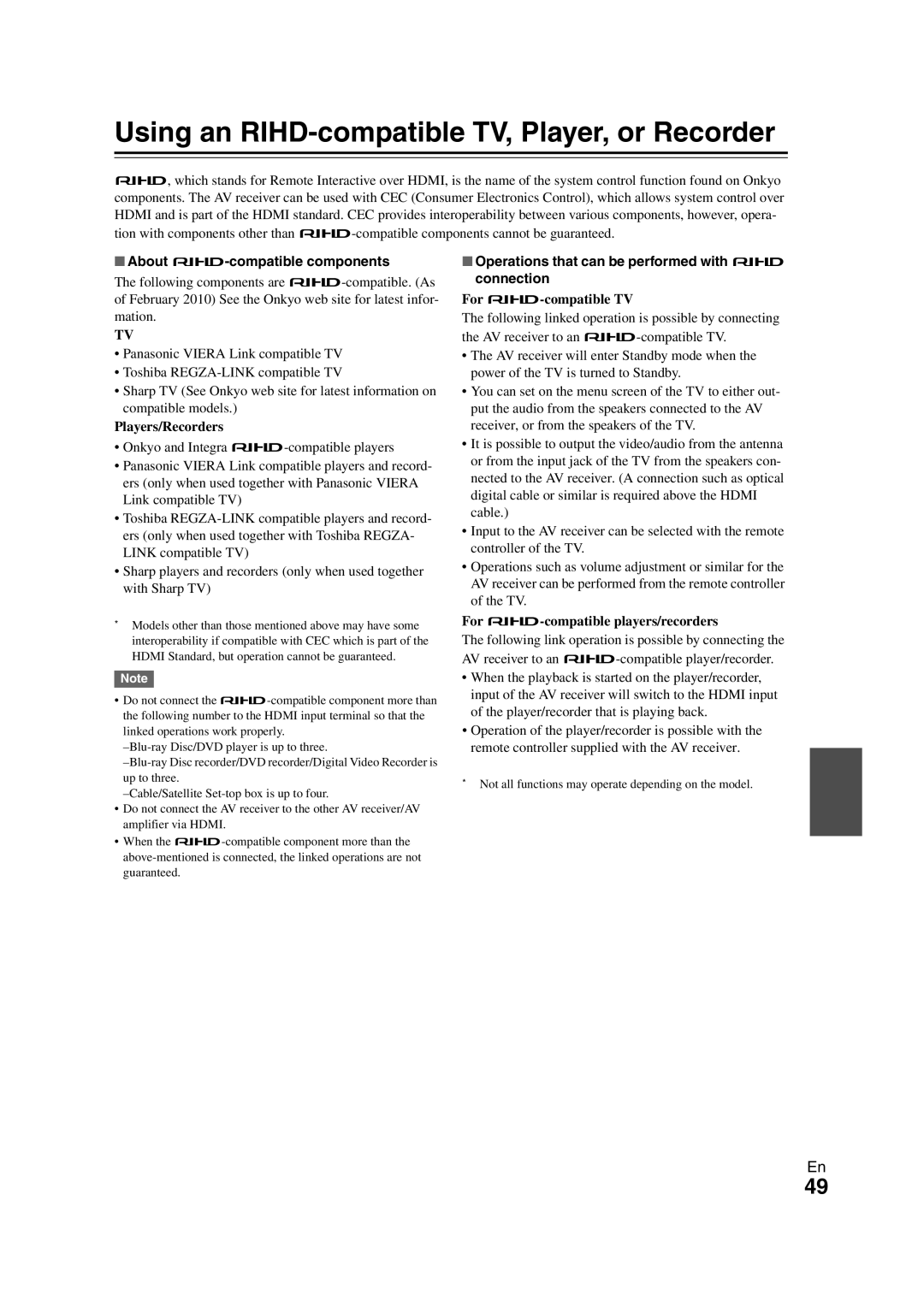 Onkyo 29400468 instruction manual Using an RIHD-compatible TV, Player, or Recorder, About p-compatible components 