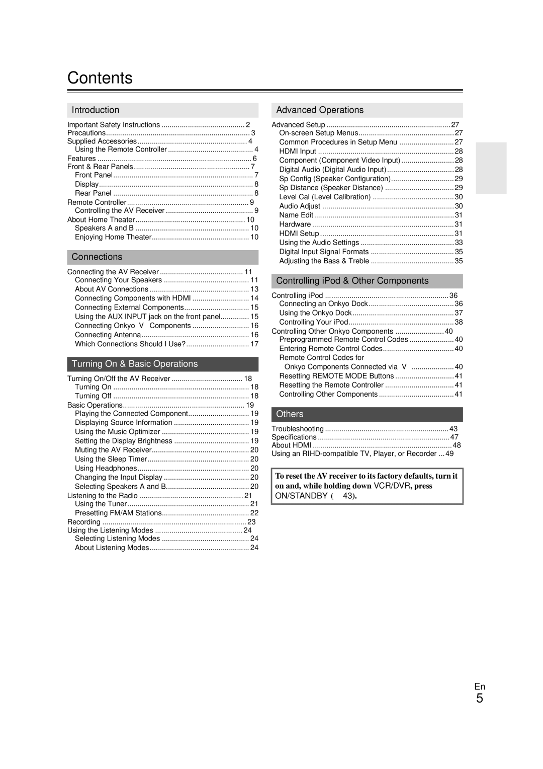 Onkyo 29400468 instruction manual Contents 