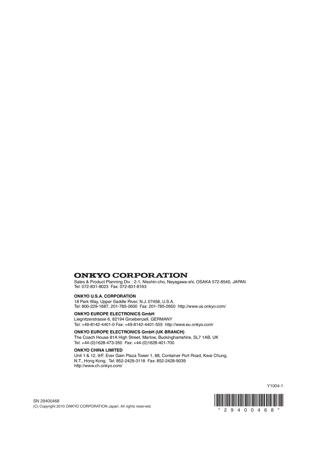 Onkyo 29400468 instruction manual Onkyo Europe Electronics GmbH UK Branch 