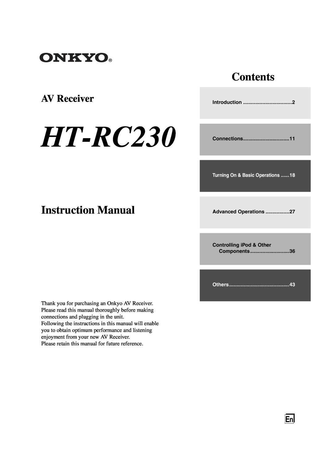 Onkyo 29400468 instruction manual HT-RC230, Contents, AV Receiver 