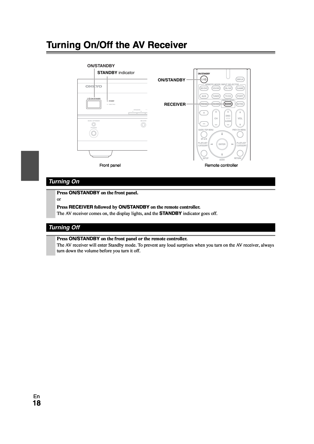 Onkyo 29400468 instruction manual Turning On/Off the AV Receiver, Turning Off 