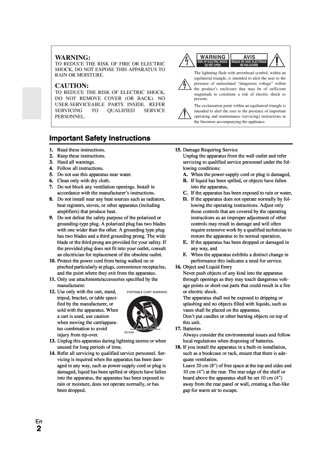 Onkyo 29400468 instruction manual Avis, Important Safety Instructions 