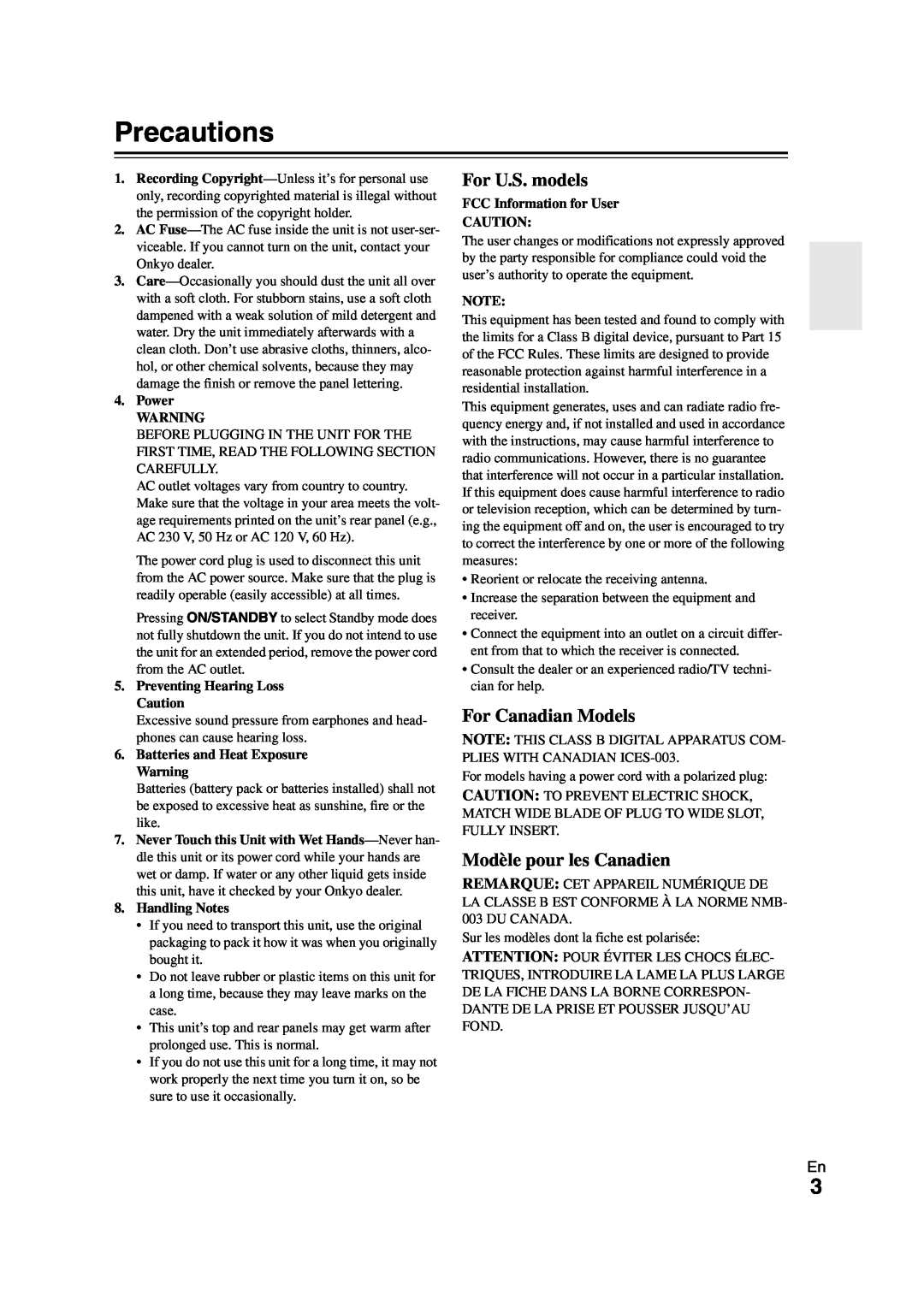 Onkyo 29400468 instruction manual Precautions, For U.S. models, For Canadian Models, Modèle pour les Canadien 