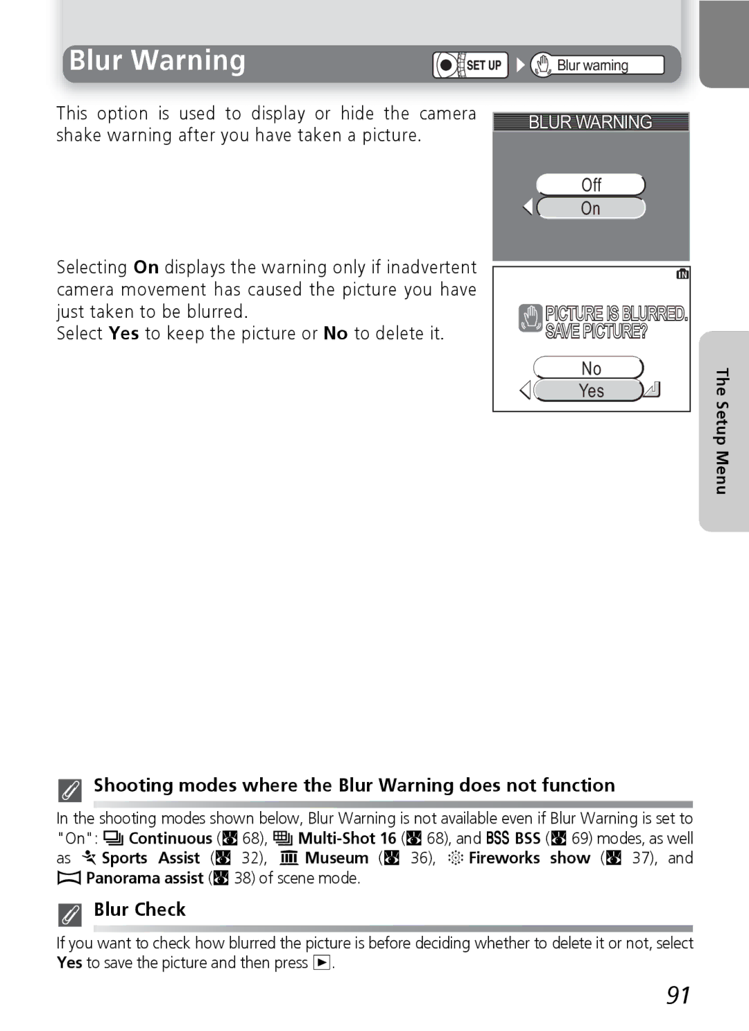 Onkyo 5100 manual Shooting modes where the Blur Warning does not function, Blur Check 