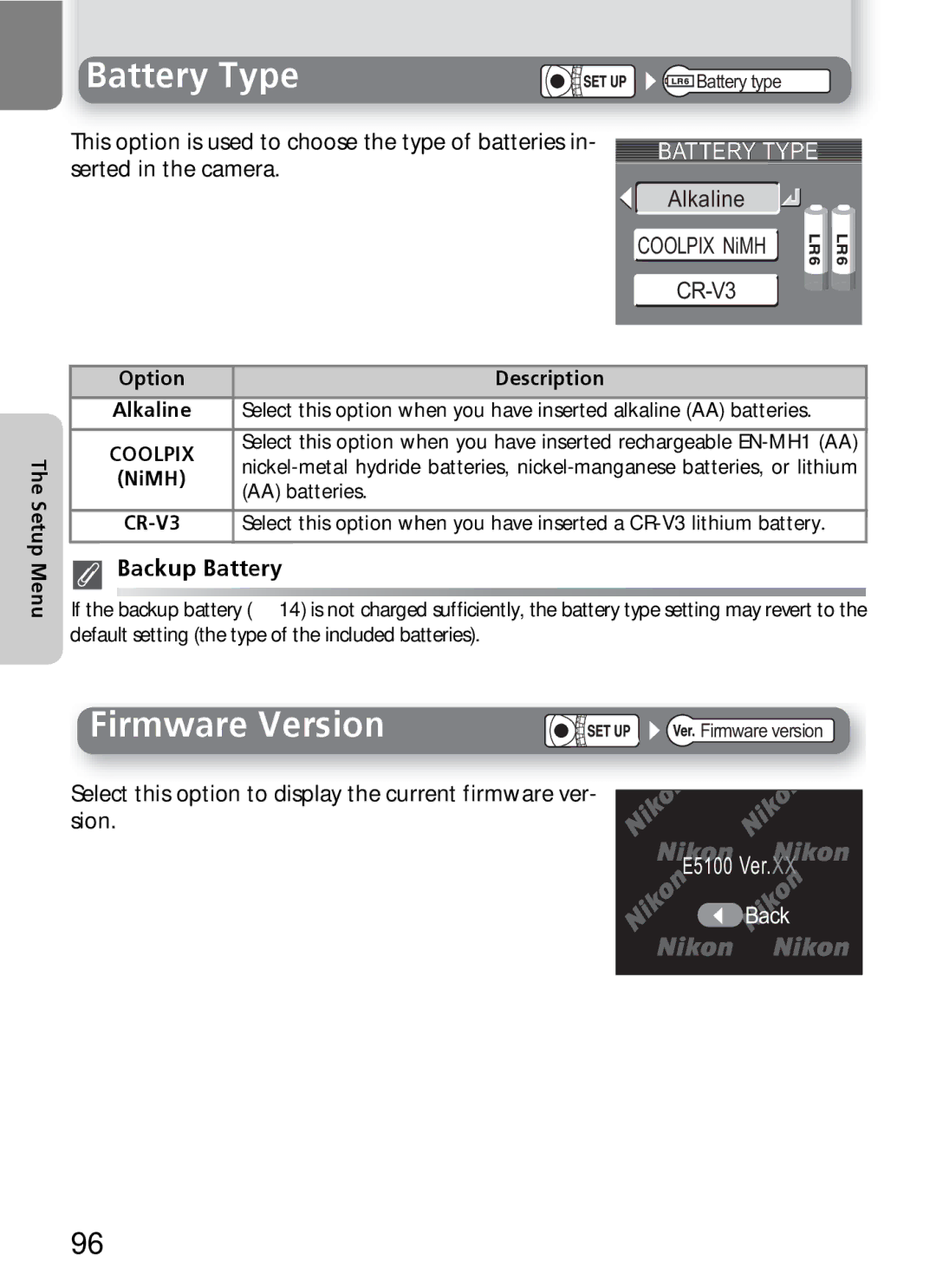 Onkyo manual Battery Type, Firmware Version, Backup Battery, E5100 Ver.XX Back 