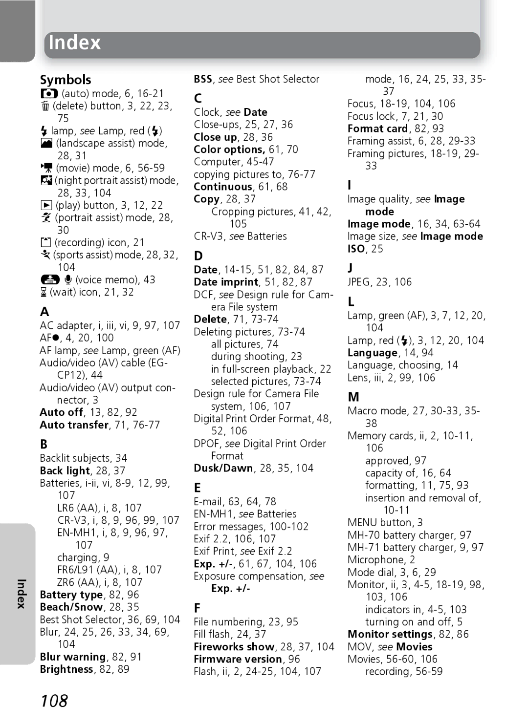 Onkyo 5100 manual Index, Symbols 