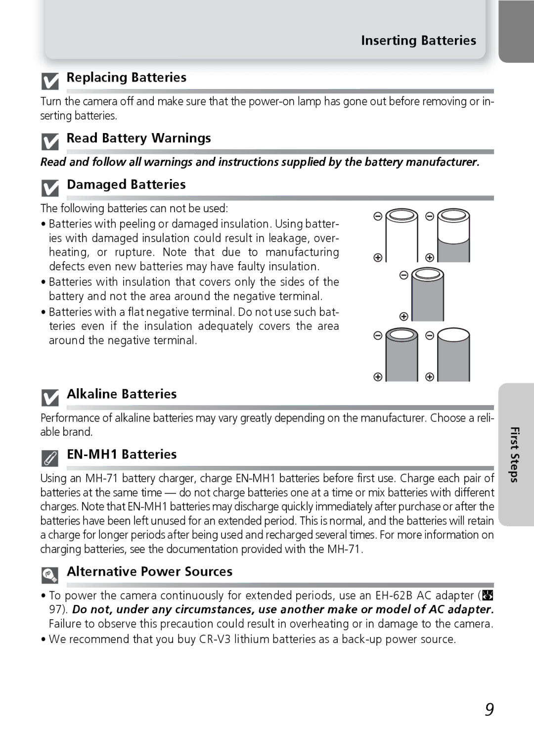 Onkyo 5100 manual Inserting Batteries Replacing Batteries, Read Battery Warnings, Damaged Batteries, Alkaline Batteries 