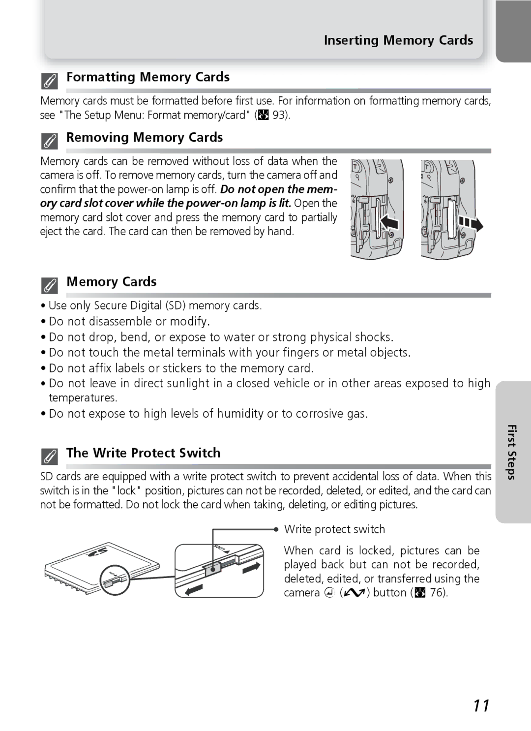 Onkyo 5100 manual Inserting Memory Cards Formatting Memory Cards, Removing Memory Cards, Write Protect Switch 