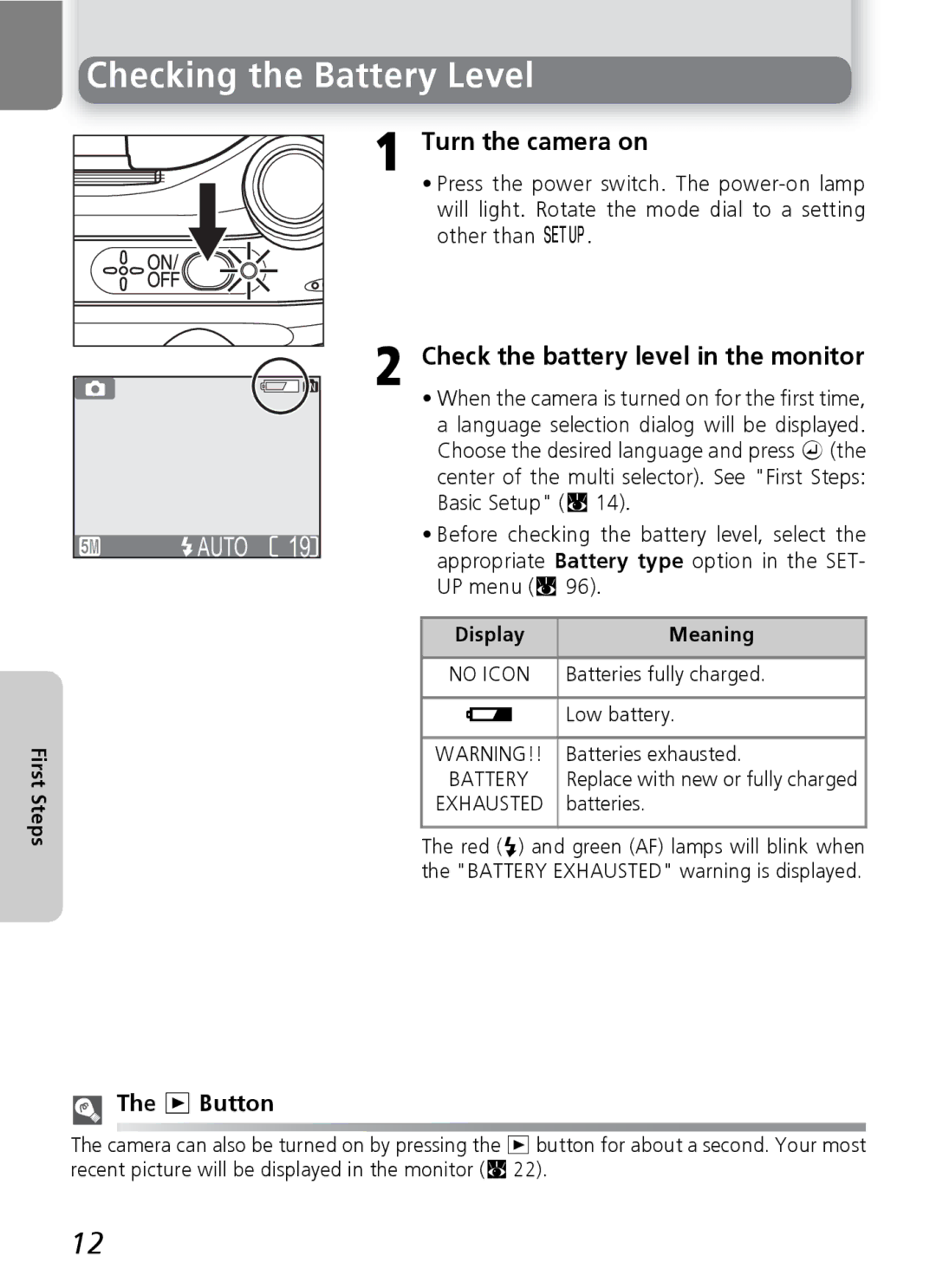 Onkyo 5100 manual Checking the Battery Level, Turn the camera on, Check the battery level in the monitor, X Button 