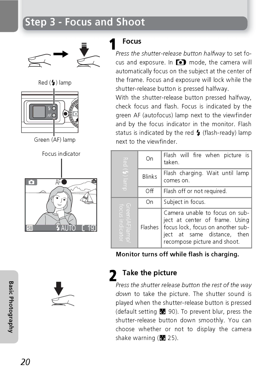 Onkyo 5100 manual Focus and Shoot, Take the picture, Monitor turns off while flash is charging 