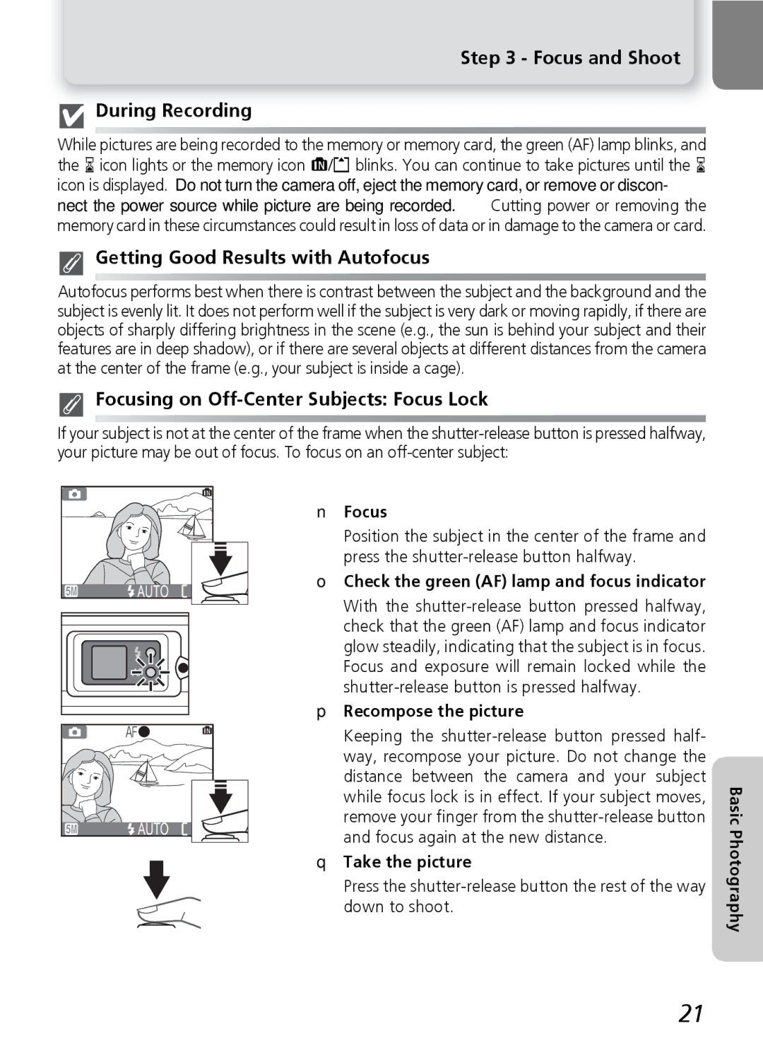 Onkyo 5100 manual Focus and Shoot During Recording, Getting Good Results with Autofocus 