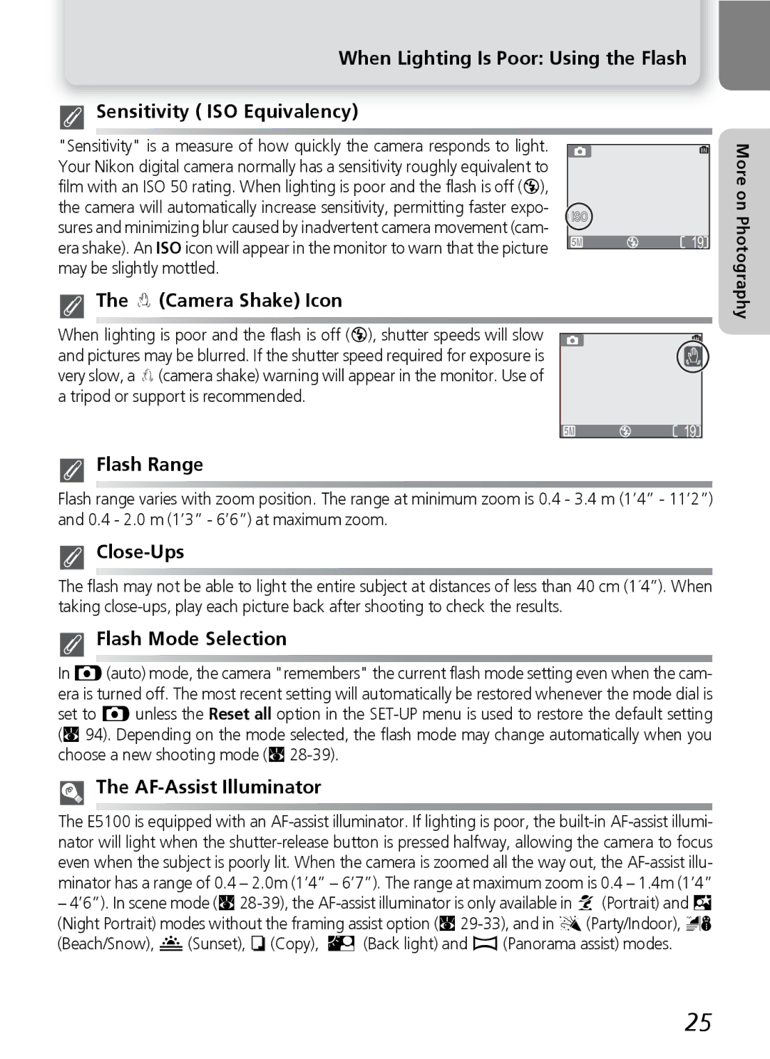 Onkyo 5100 manual Camera Shake Icon, Flash Range, Close-Ups, Flash Mode Selection, AF-Assist Illuminator 