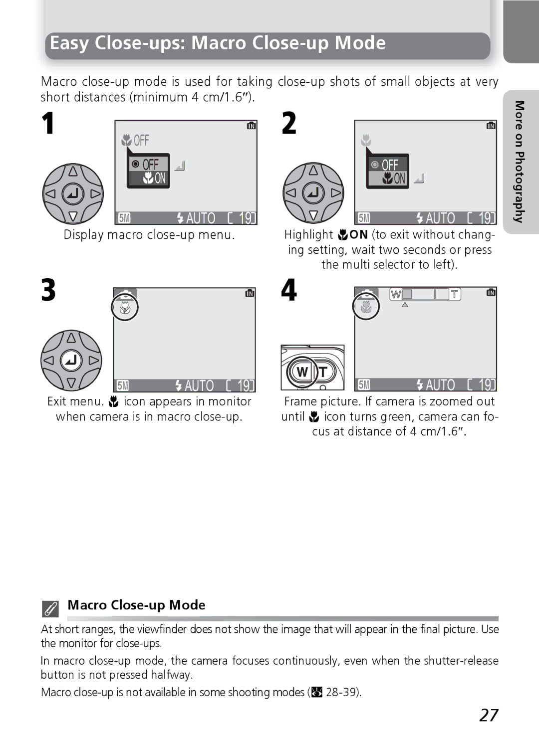 Onkyo 5100 manual Easy Close-ups Macro Close-up Mode 