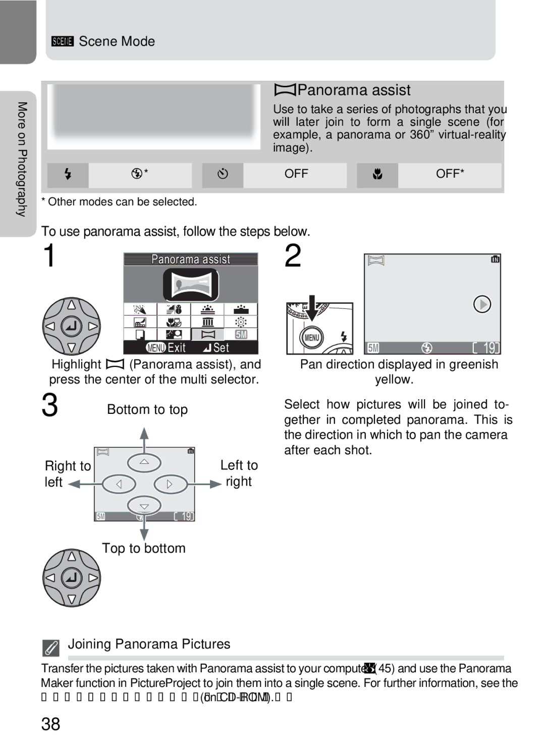 Onkyo 5100 manual Menu Exit Set, Joining Panorama Pictures 