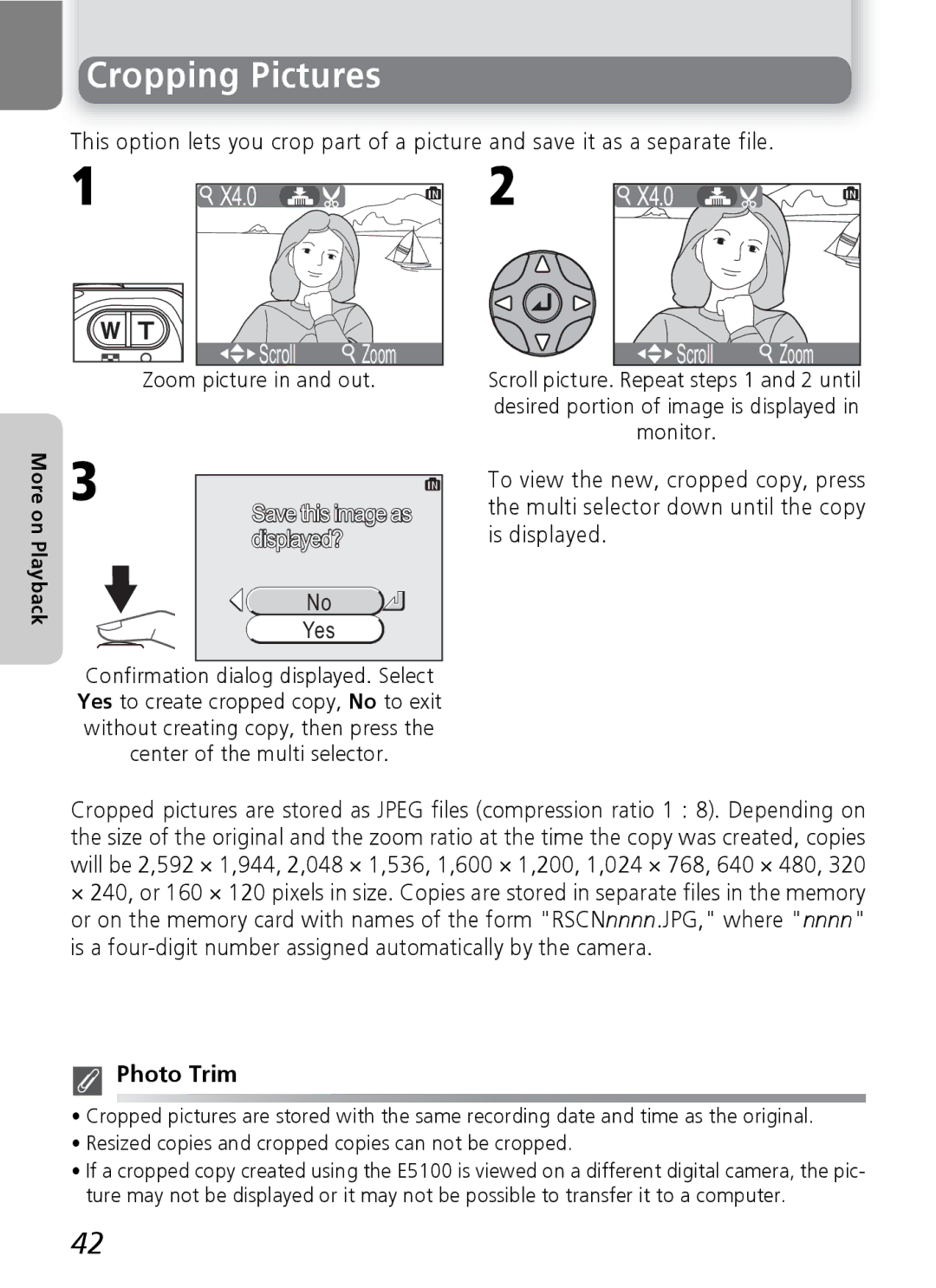 Onkyo 5100 manual Cropping Pictures, Save this image as displayed?, Photo Trim 