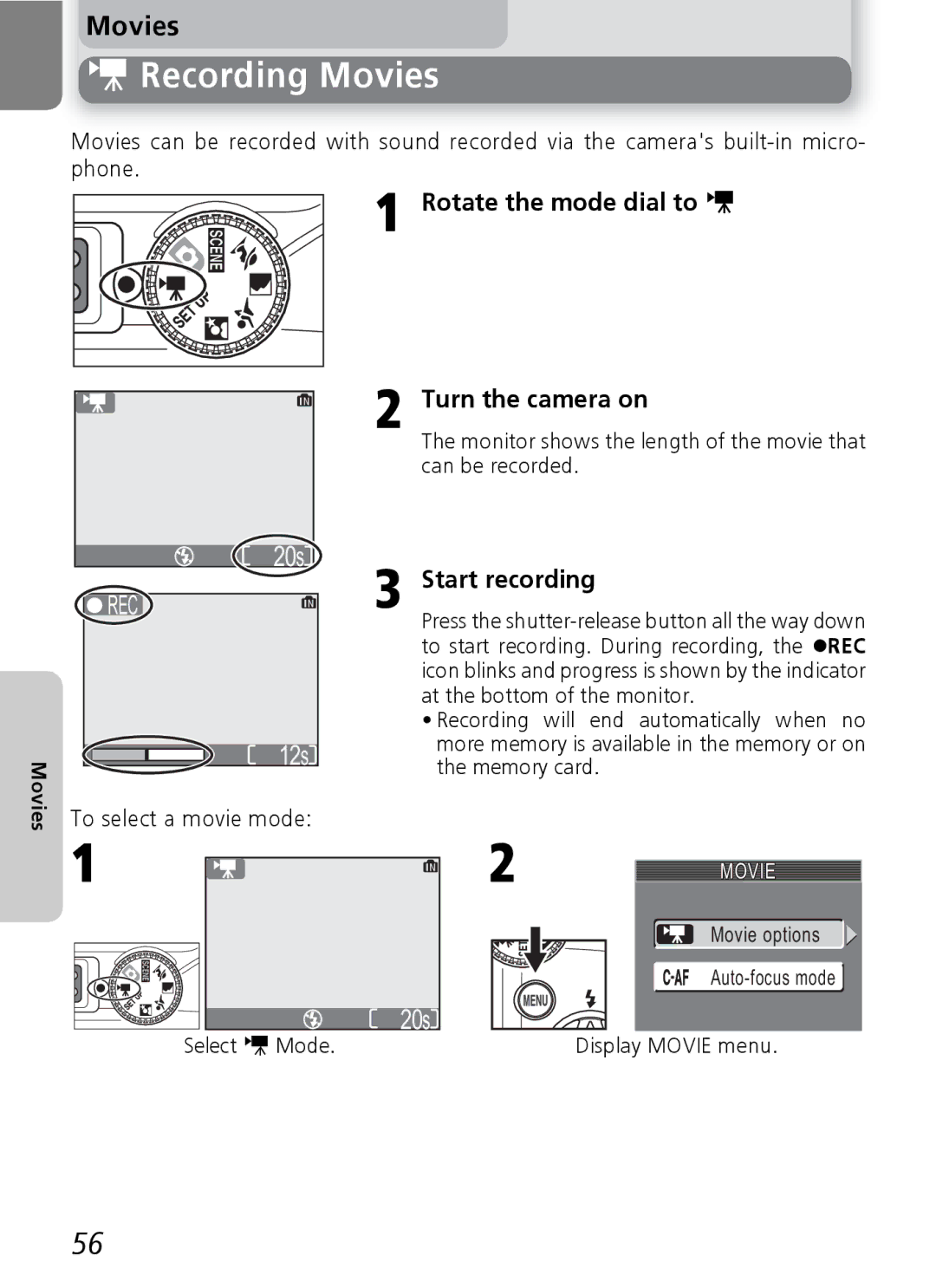 Onkyo 5100 manual Recording Movies, Rotate the mode dial to W Turn the camera on, Start recording 