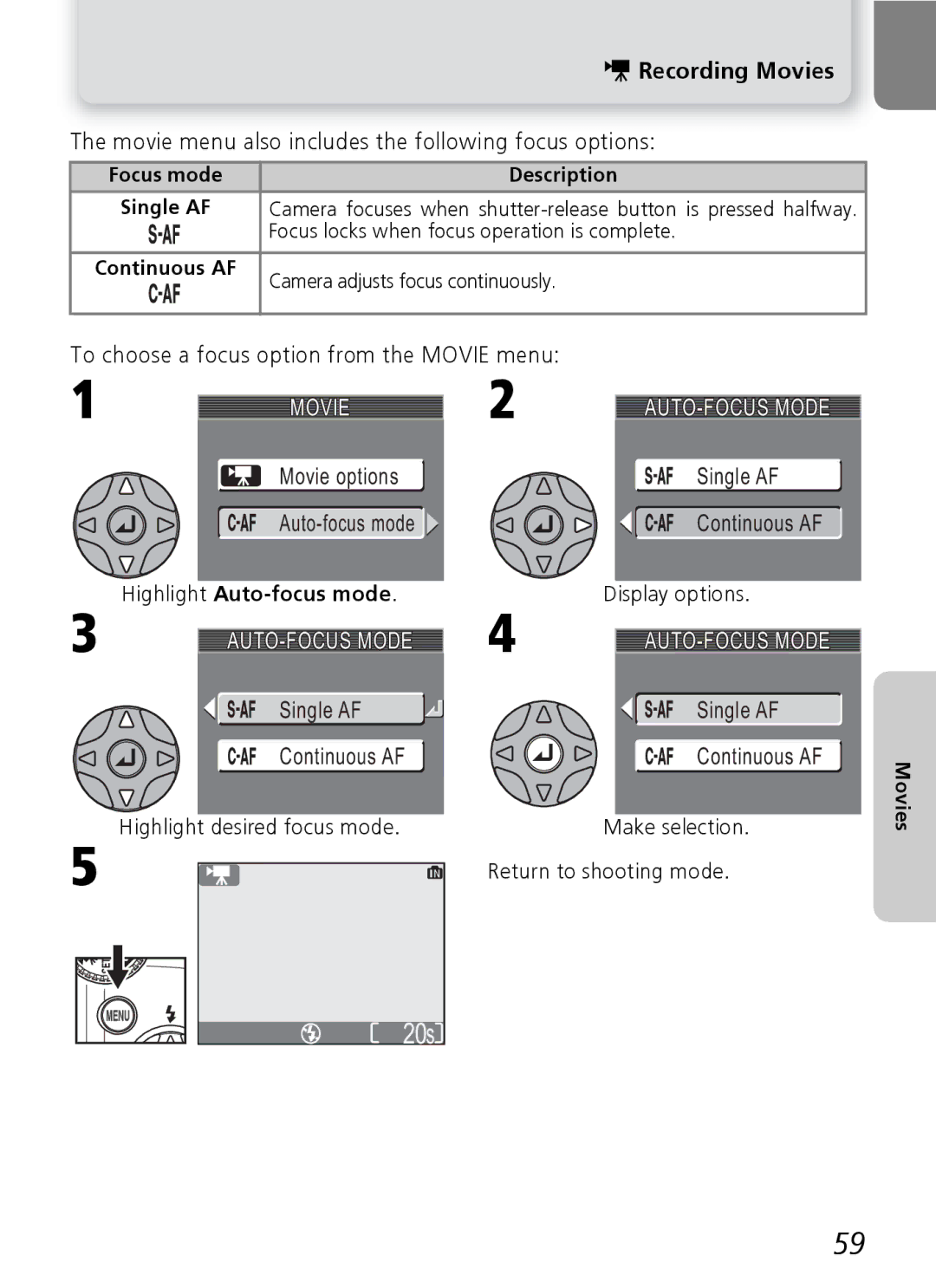 Onkyo 5100 manual Movie menu also includes the following focus options, Highlight Auto-focus mode, AUTO-FOCUS Mode 