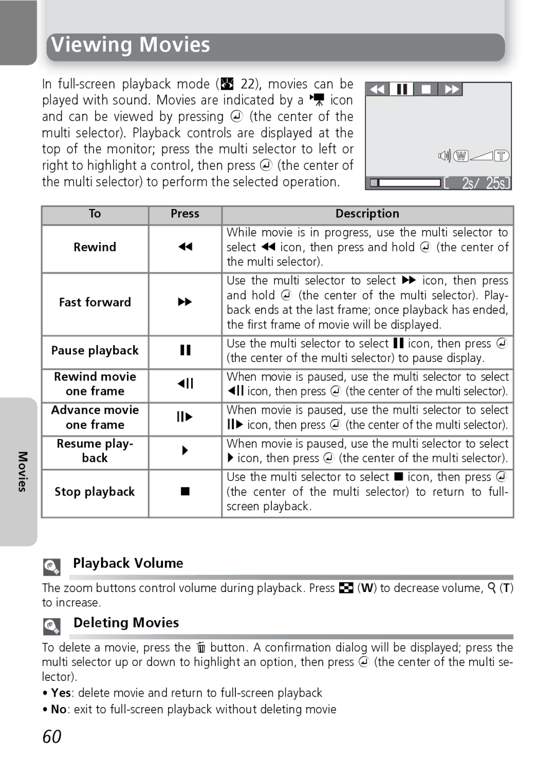 Onkyo 5100 manual Viewing Movies, Playback Volume, Deleting Movies 