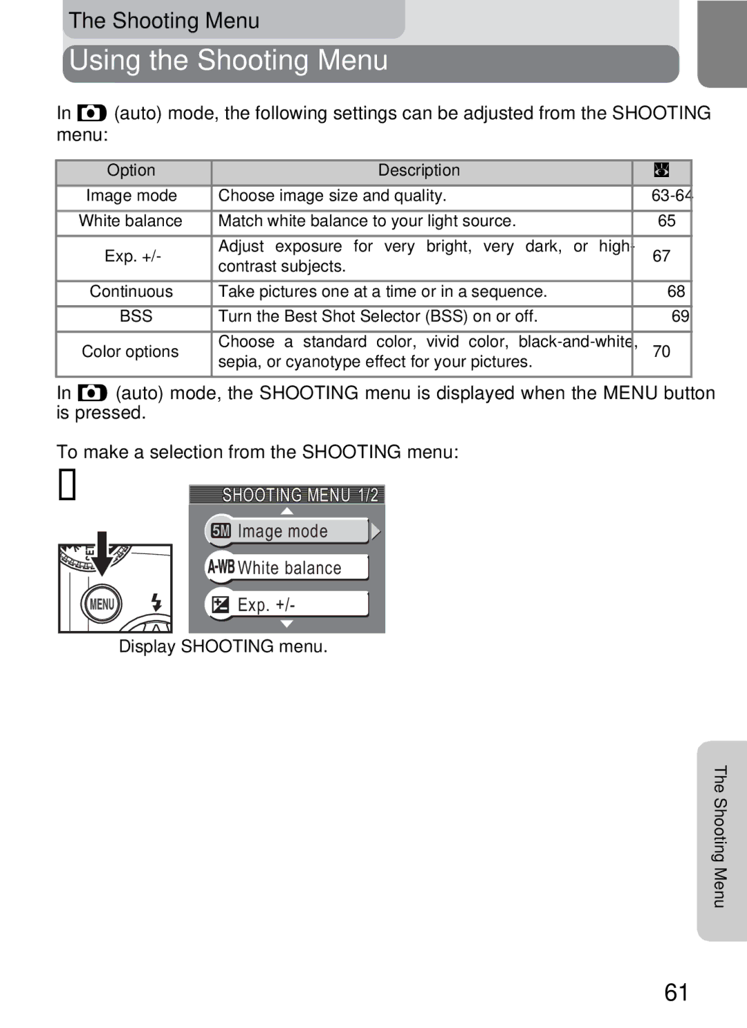 Onkyo 5100 manual Using the Shooting Menu, Image mode White balance Exp. + 