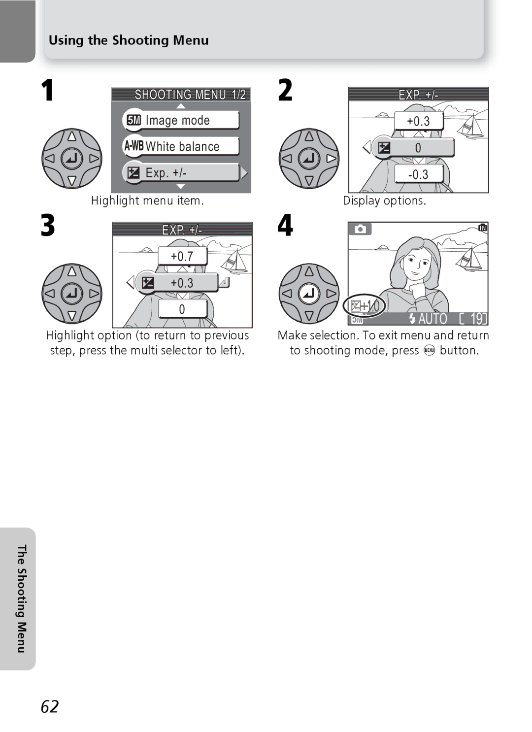 Onkyo 5100 manual Using the Shooting Menu, Image mode, Highlight menu item, Exp. + 