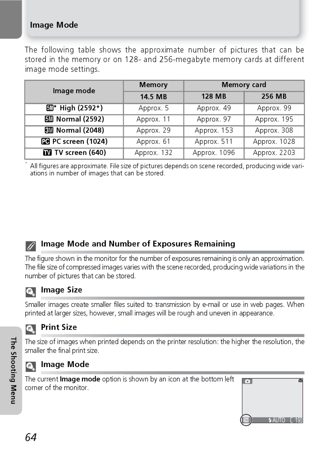 Onkyo 5100 Image Mode and Number of Exposures Remaining, Image Size, Print Size, Image mode Memory Memory card, TV screen 