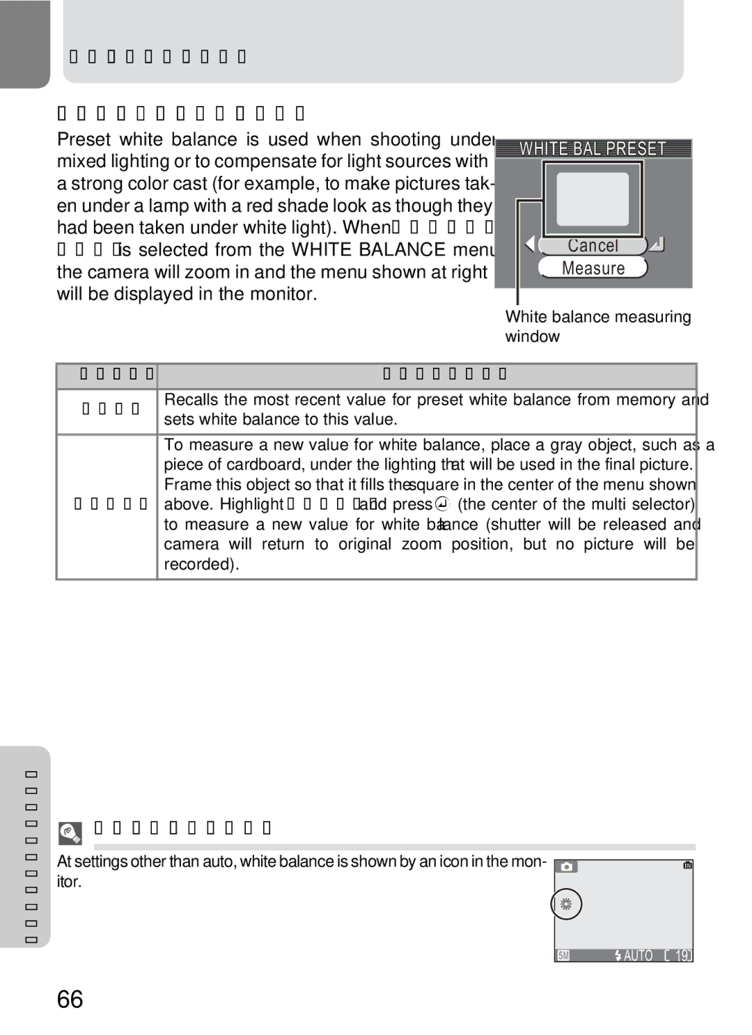 Onkyo 5100 manual Preset White Balance, White BAL Preset, Cancel Measure, Shooting Menu Option Description 