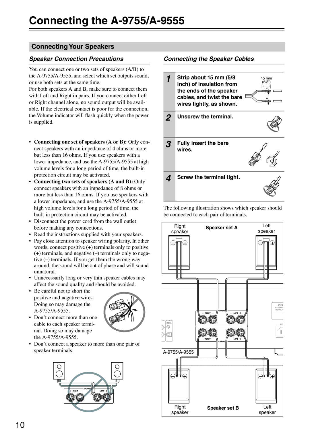 Onkyo Connecting the A-9755/A-9555, Connecting Your Speakers, Speaker Connection Precautions, Strip about 15 mm 5/8 