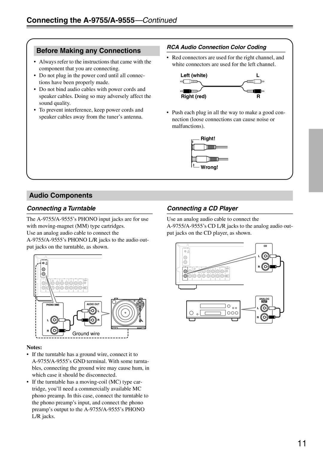 Onkyo Connecting the A-9755/A-9555, Before Making any Connections, Audio Components, Connecting a Turntable 