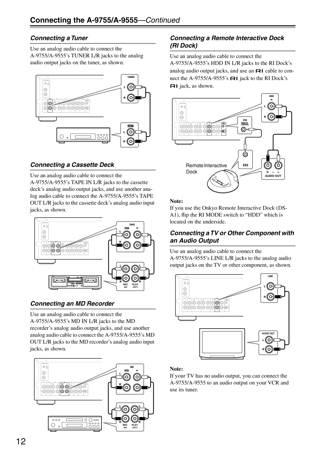 Onkyo 9555, A-9755 Connecting a Tuner, Connecting a Remote Interactive Dock RI Dock, Connecting a Cassette Deck 