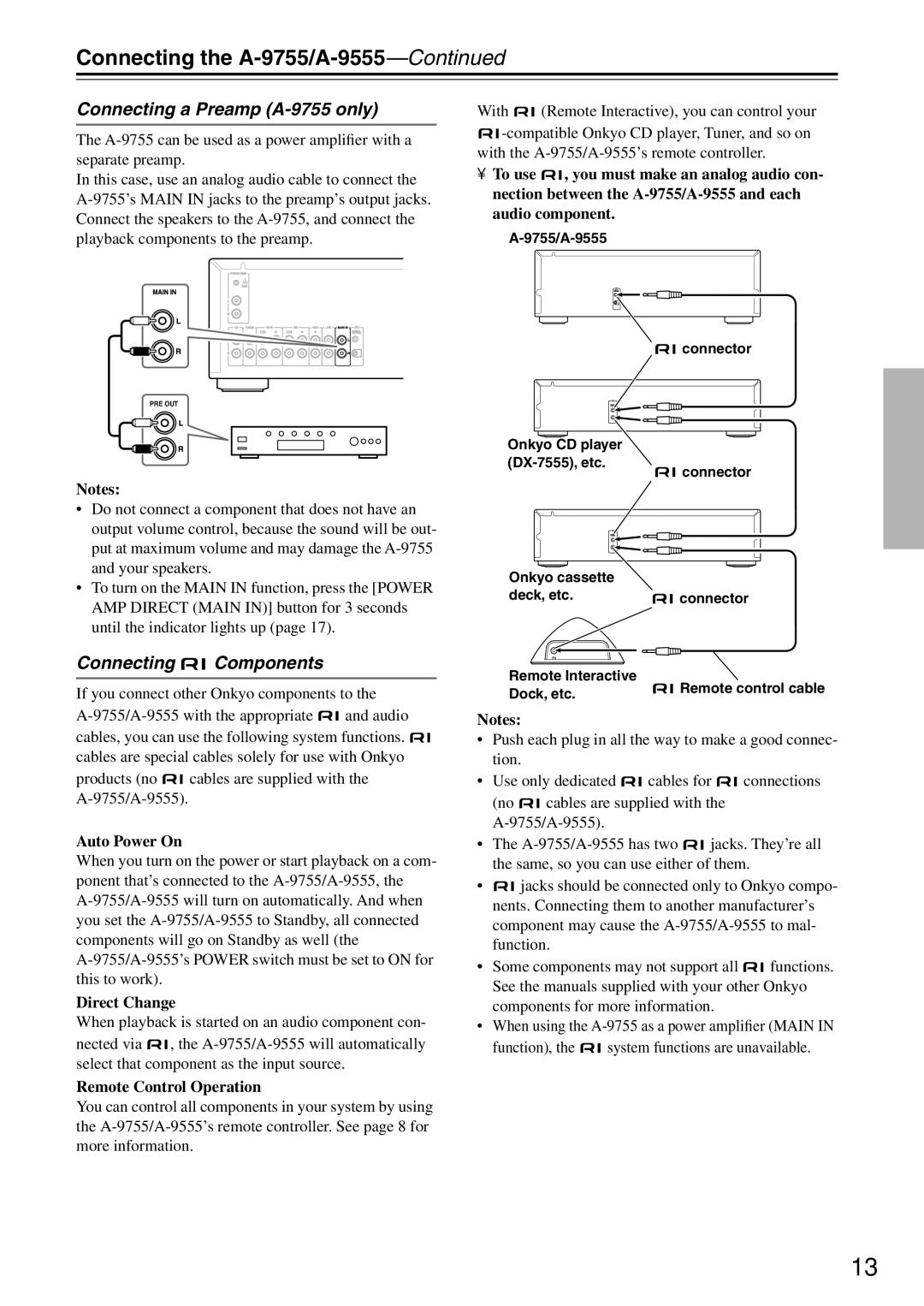 Onkyo Connecting a Preamp A-9755 only, Connecting Components, Auto Power On, Direct Change, Remote Control Operation 