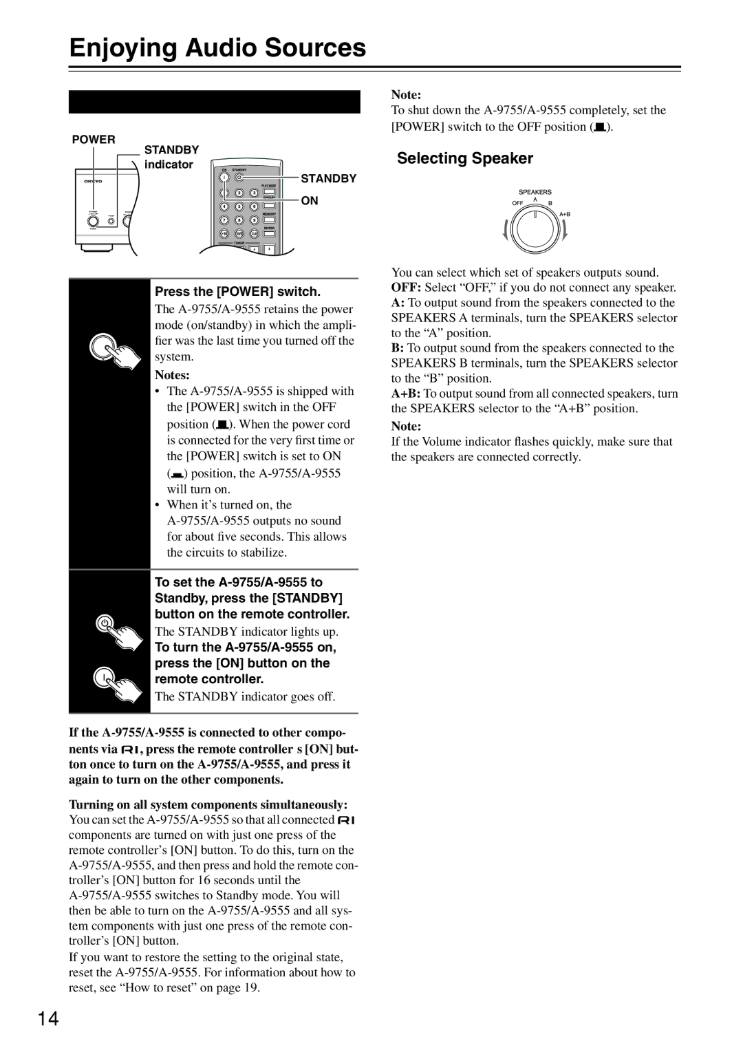 Onkyo instruction manual Enjoying Audio Sources, Turning On the A-9755/A-9555, Selecting Speaker, Press the Power switch 