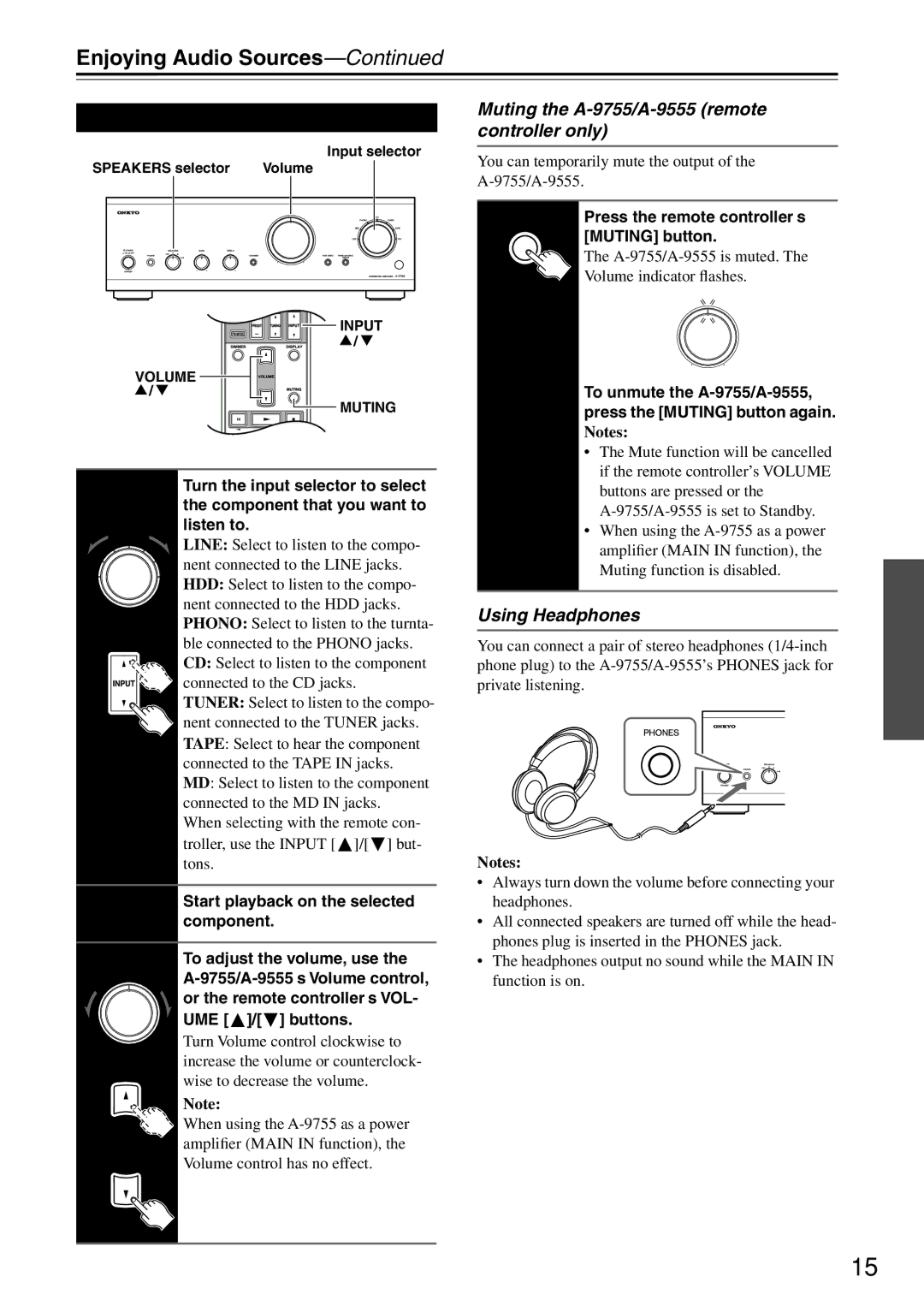 Onkyo Enjoying Audio Sources, Listening to Components, Muting the A-9755/A-9555 remote controller only 