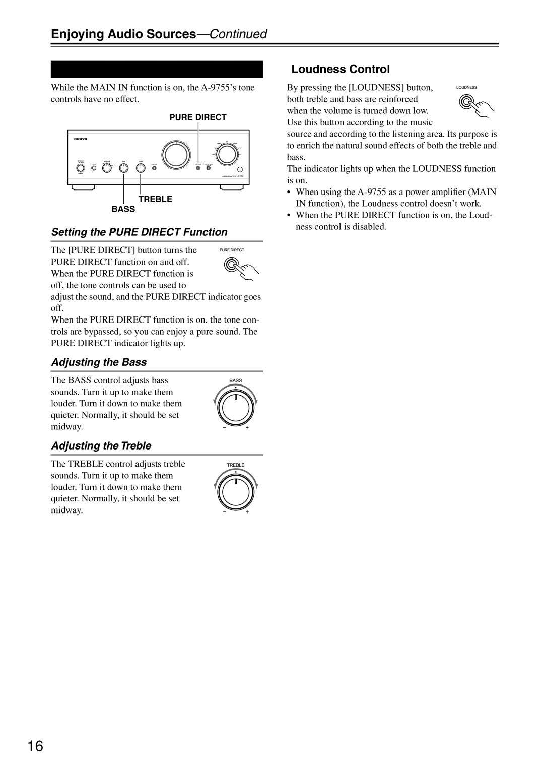 Onkyo 9555, A-9755 Using the Tone Controls, Loudness Control, Setting the Pure Direct Function, Adjusting the Bass 