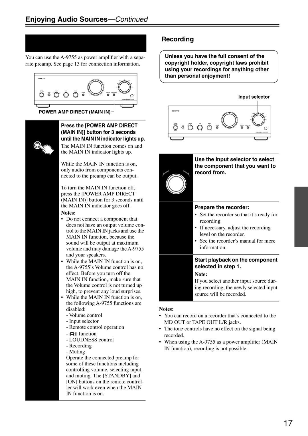 Onkyo 9555 instruction manual Using the Main in Function A-9755 only, Recording 