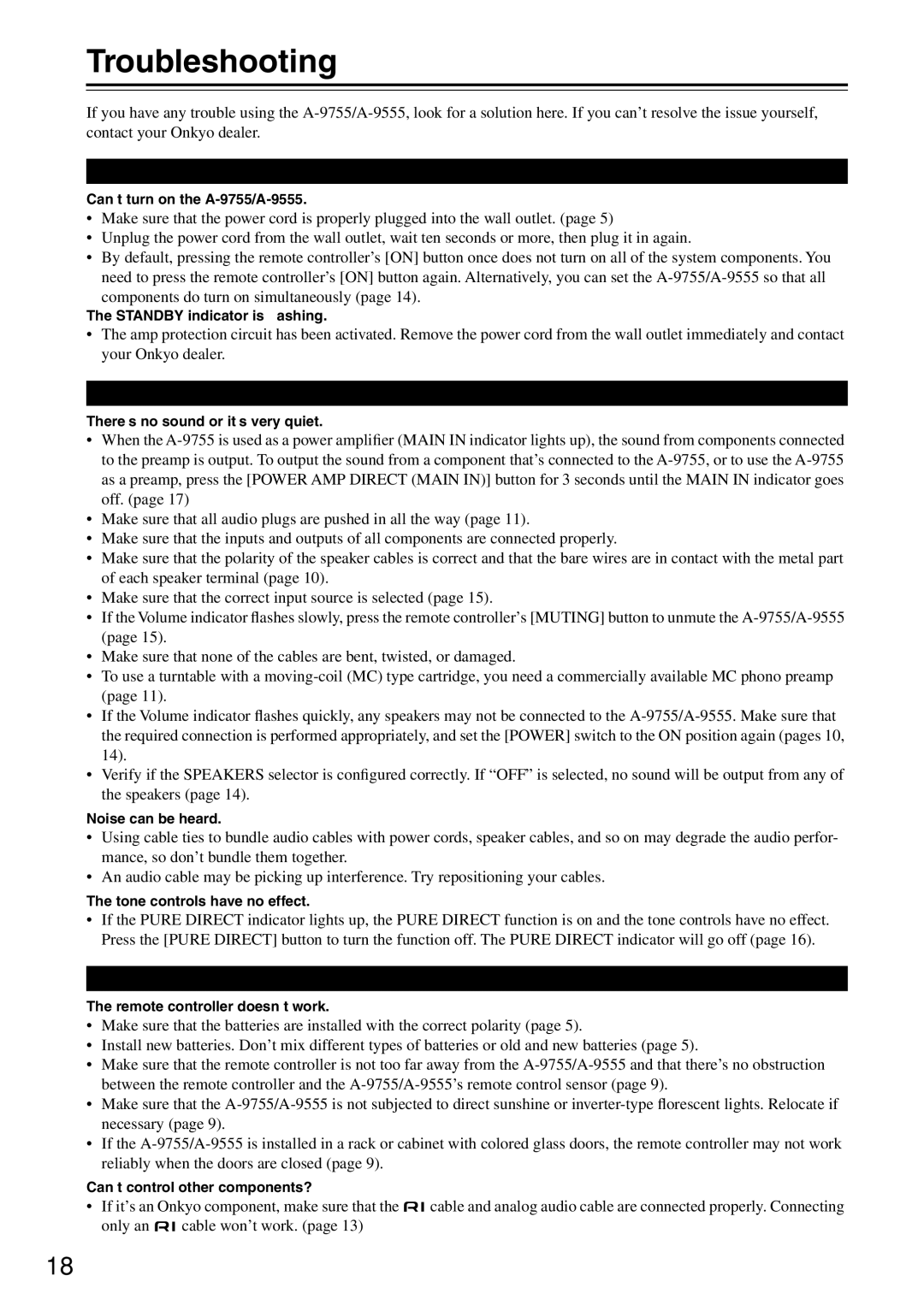 Onkyo 9555, A-9755 instruction manual Troubleshooting, Audio, Remote Controller 