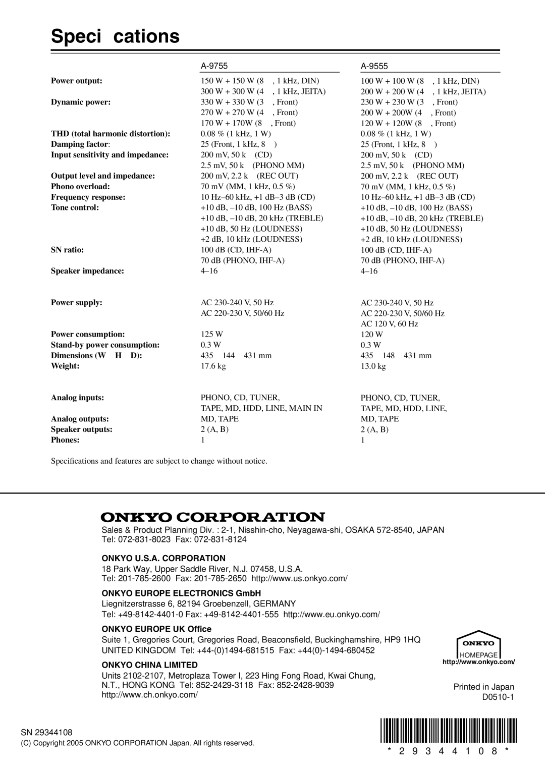 Onkyo A-9755 instruction manual Speciﬁcations, 9755 9555 