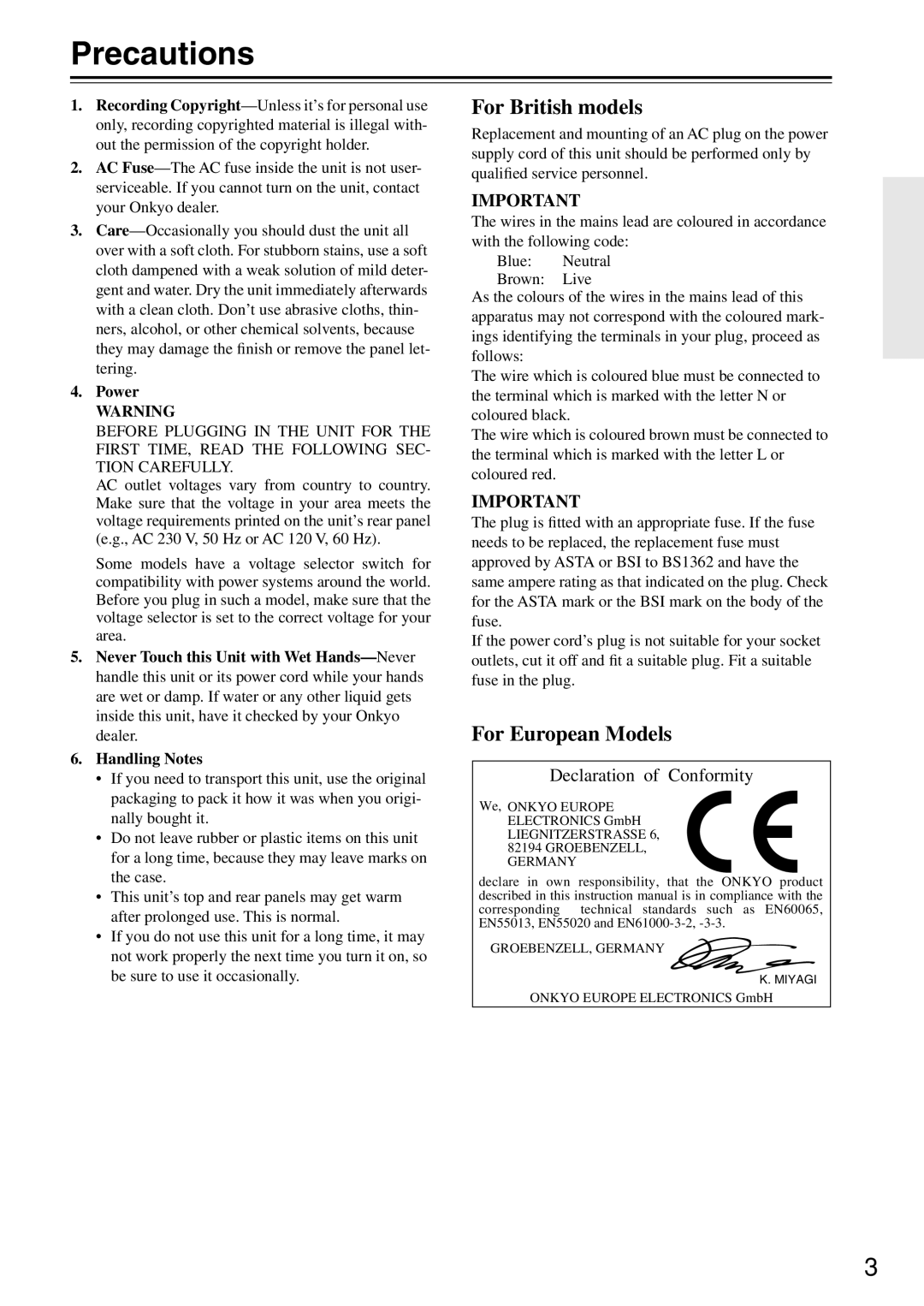 Onkyo A-9755, 9555 instruction manual Precautions, Power 