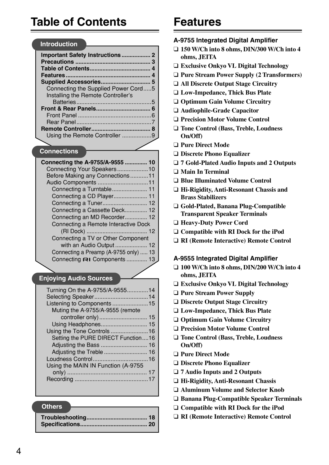 Onkyo 9555, A-9755 instruction manual Table of Contents, Features 