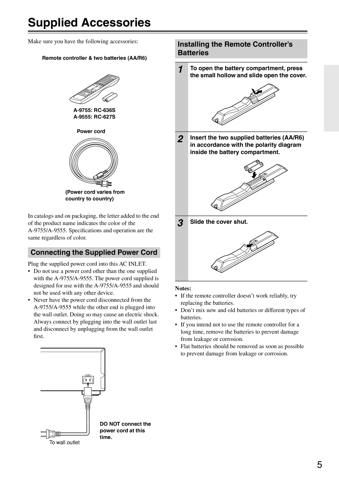 Onkyo A-9755, 9555 Supplied Accessories, Connecting the Supplied Power Cord, Installing the Remote Controller’s Batteries 