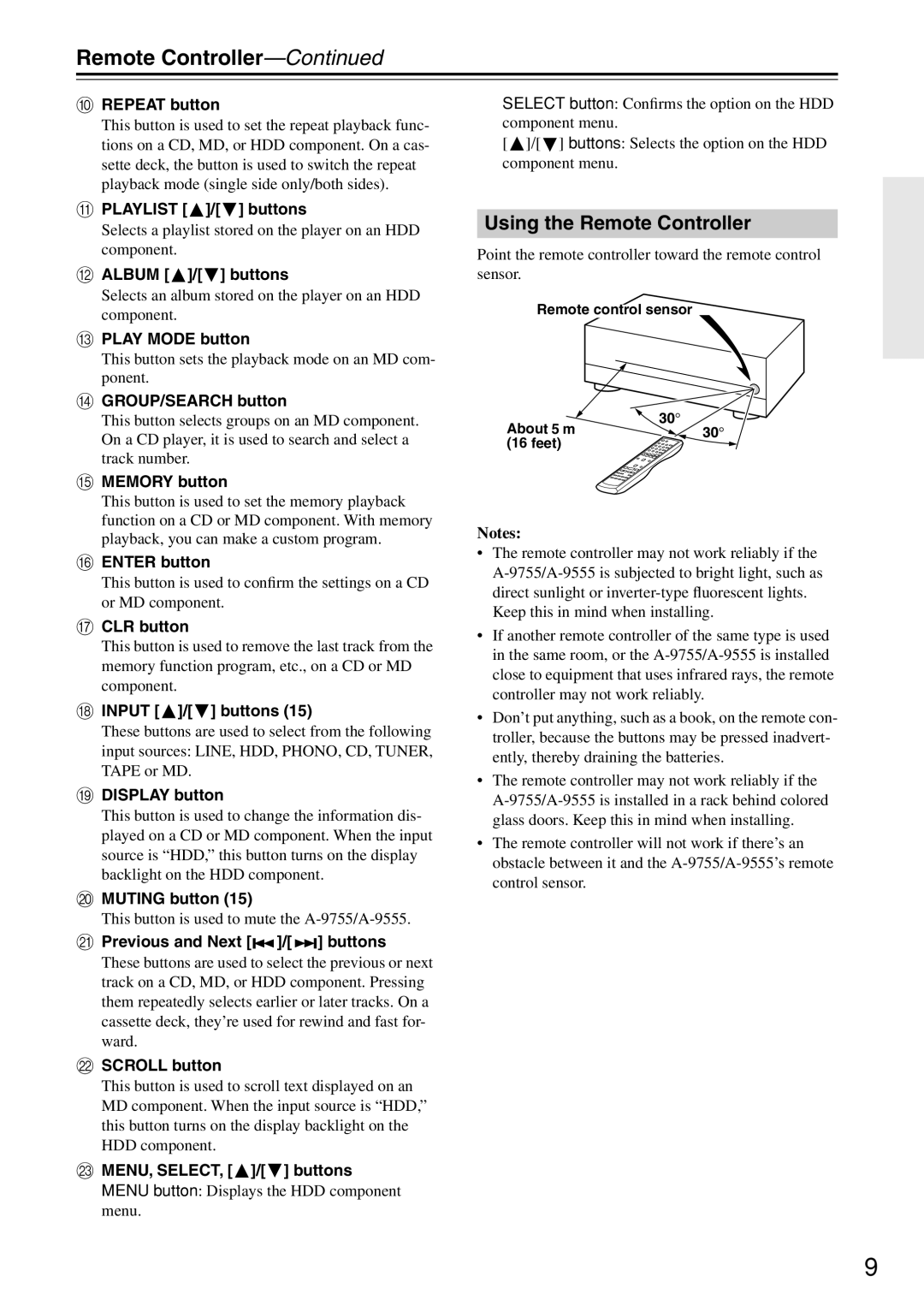 Onkyo A-9755, 9555 instruction manual Using the Remote Controller 