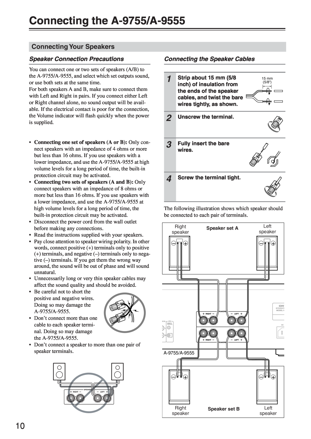 Onkyo instruction manual Connecting the A-9755/A-9555, Connecting Your Speakers, Speaker Connection Precautions 