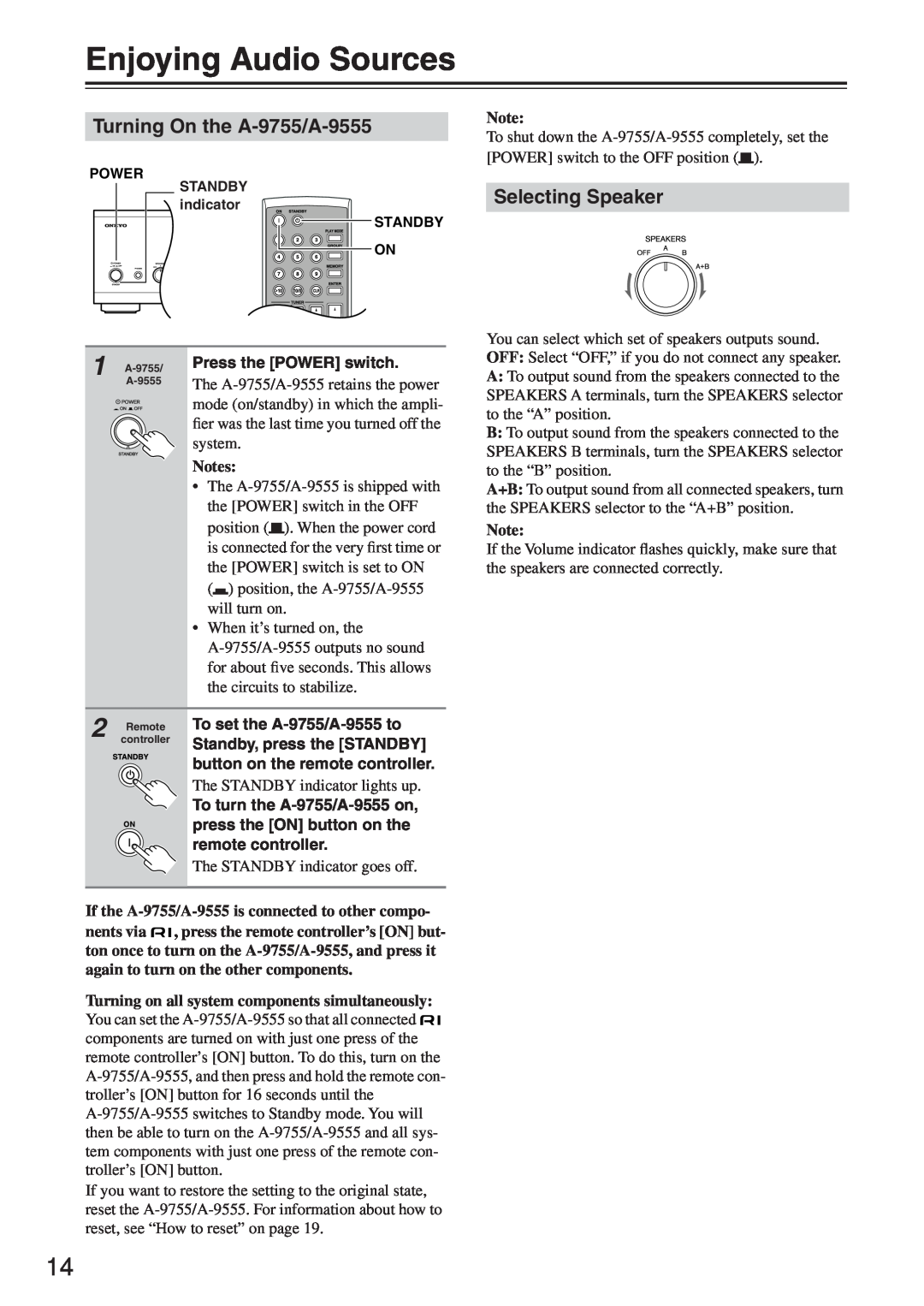Onkyo instruction manual Enjoying Audio Sources, Turning On the A-9755/A-9555, Selecting Speaker 
