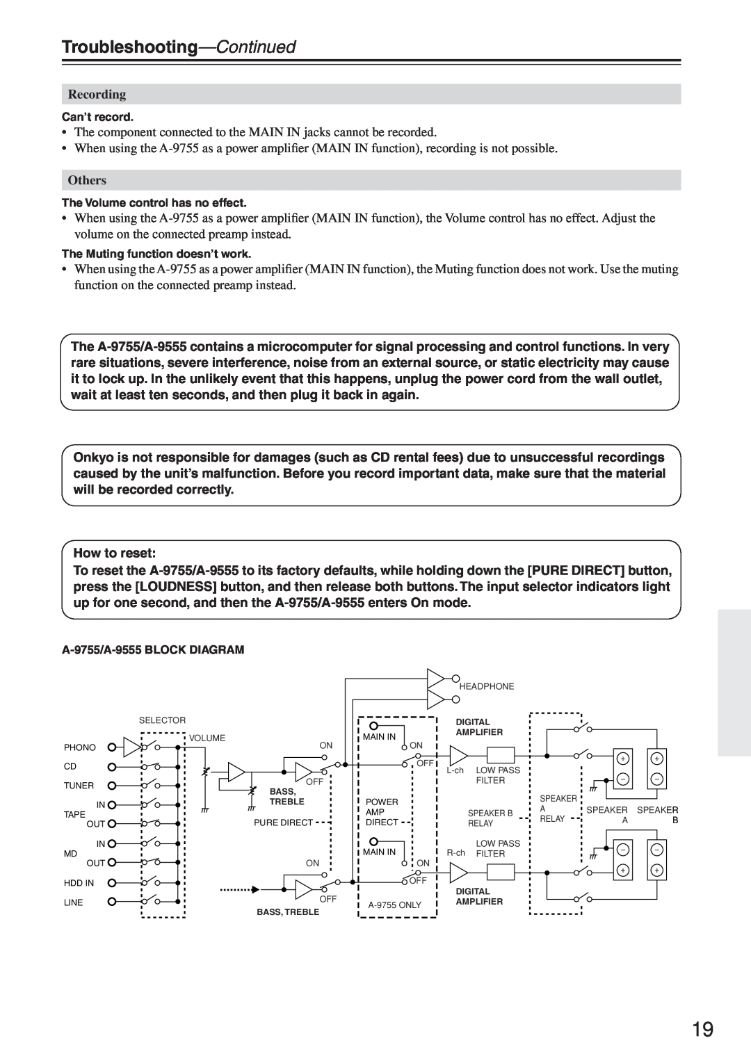 Onkyo A-9755, 9555 instruction manual Troubleshooting-Continued, Recording, Others 