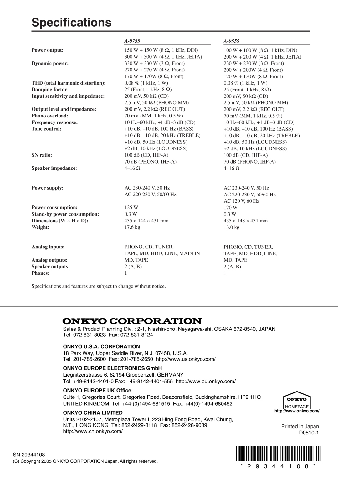 Onkyo Speciﬁcations, A-9755, A-9555, Onkyo U.S.A. Corporation, ONKYO EUROPE ELECTRONICS GmbH, ONKYO EUROPE UK Office 