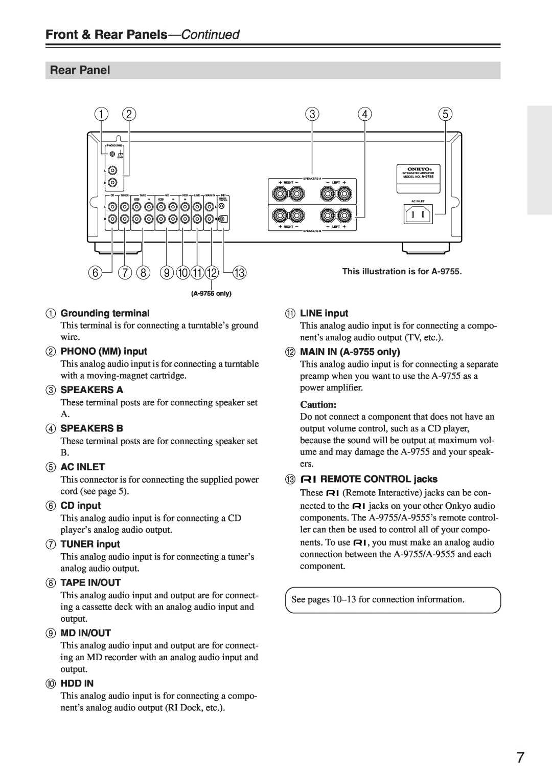 Onkyo A-9755, 9555 instruction manual 1 6 7 8 90AB C, Front & Rear Panels-Continued 