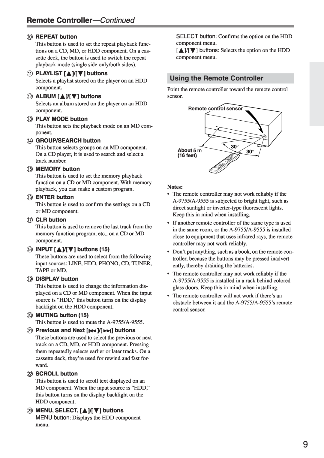 Onkyo A-9755, 9555 instruction manual Remote Controller-Continued, Using the Remote Controller 
