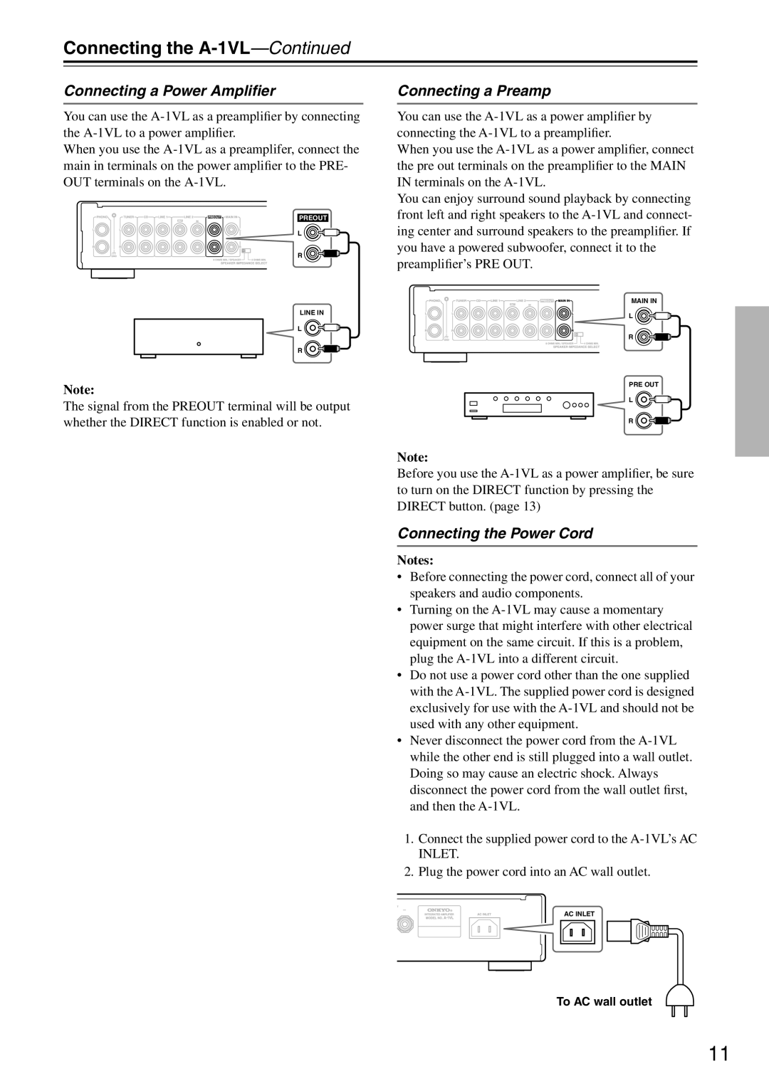 Onkyo A-1VL instruction manual Connecting a Power Ampliﬁer, Connecting a Preamp, Connecting the Power Cord 