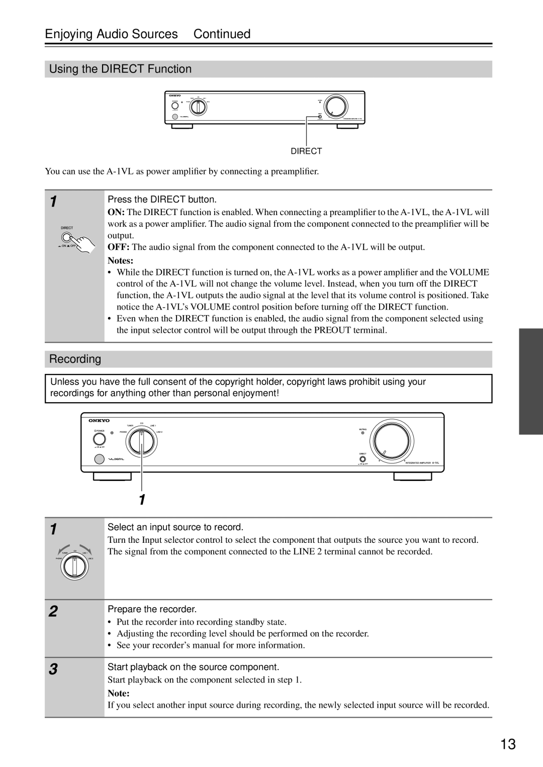 Onkyo A-1VL instruction manual Enjoying Audio Sources, Using the Direct Function, Recording 