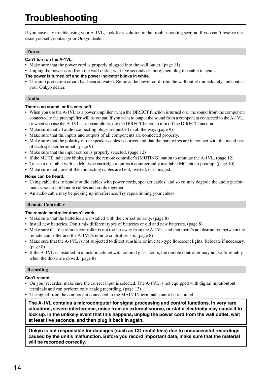 Onkyo A-1VL instruction manual Troubleshooting, Audio 